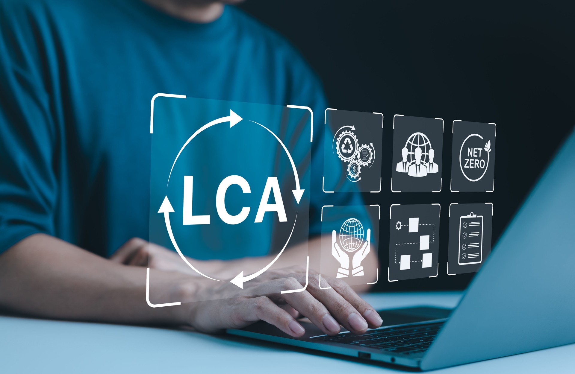 LCA, Life Cycle Assessment Concept. Icons representing Life Cycle Assessment (LCA), sustainability, and net-zero carbon strategies. environmental management analysis. Sustainable business value chain,