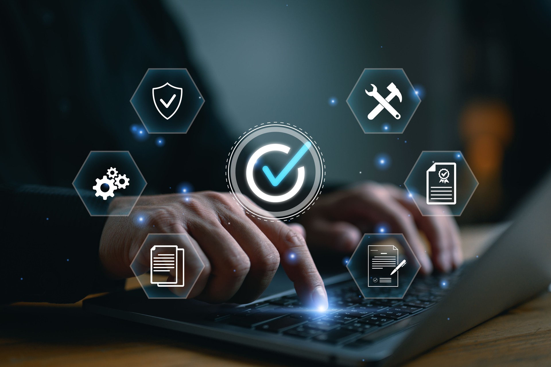 Service guarantee, clients service, businessman working with guarantee check mark for business automation process, quality assurance management, certification, online shopping, financial ecosystem.