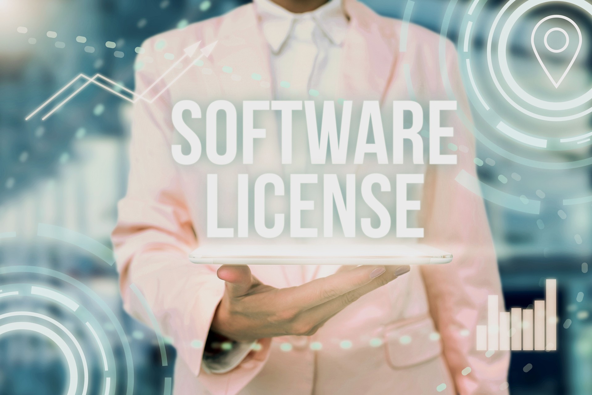Hand writing sign Software License. Internet Concept legal instrument governing the redistribution of software Lady Uniform Standing Tablet Hand Presenting Virtual Modern Technology